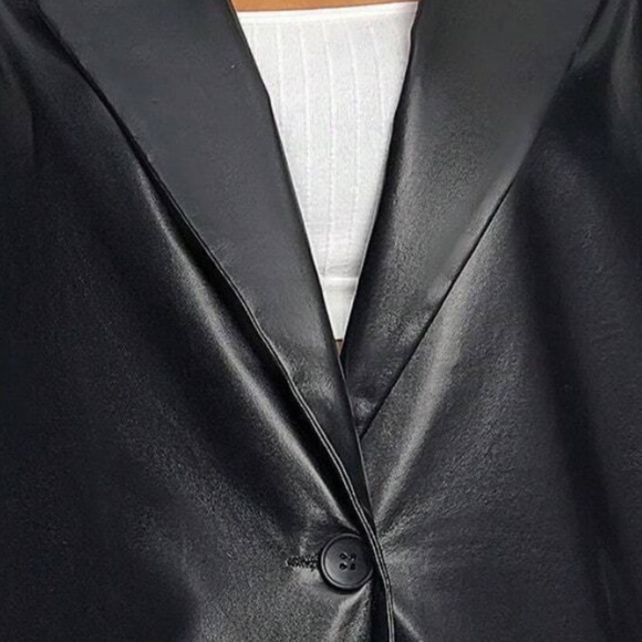 Classic Black Vegan Leather Button Jacket Blazer - Picture 7 of 8
